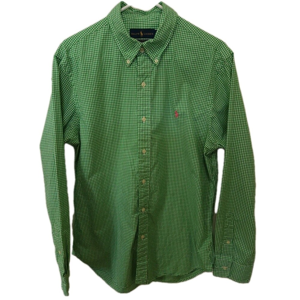 Polo Ralph Lauren Men Large L Slim Fit Gingham Button Down Shirt Green Cotton - Picture 3 of 9